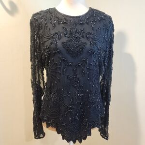 LAURENCE Kazar Vintage Silk Black Beaded Long-Sleeve Women's Top Size L